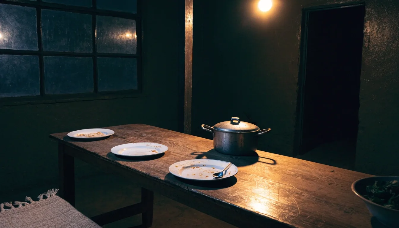 A dark kitchen table after the evening meal with shared plates and a pot under one warm lamp