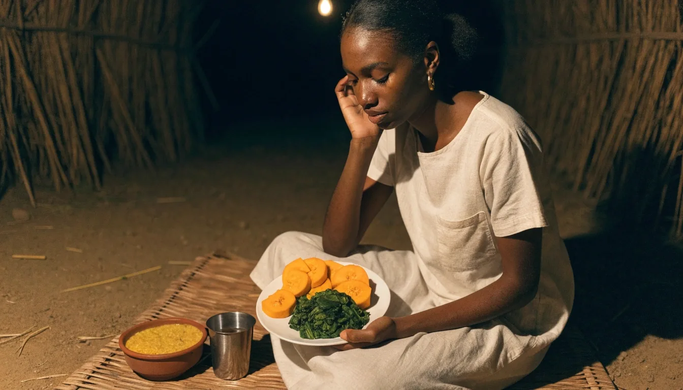 A nutritionist's consult desk under a warm lamp at night in Kasane