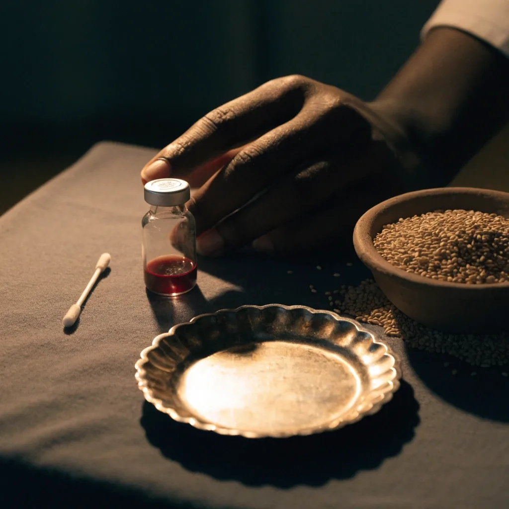 A clay bowl and dried sorghum grain on dark cloth under a warm lamp