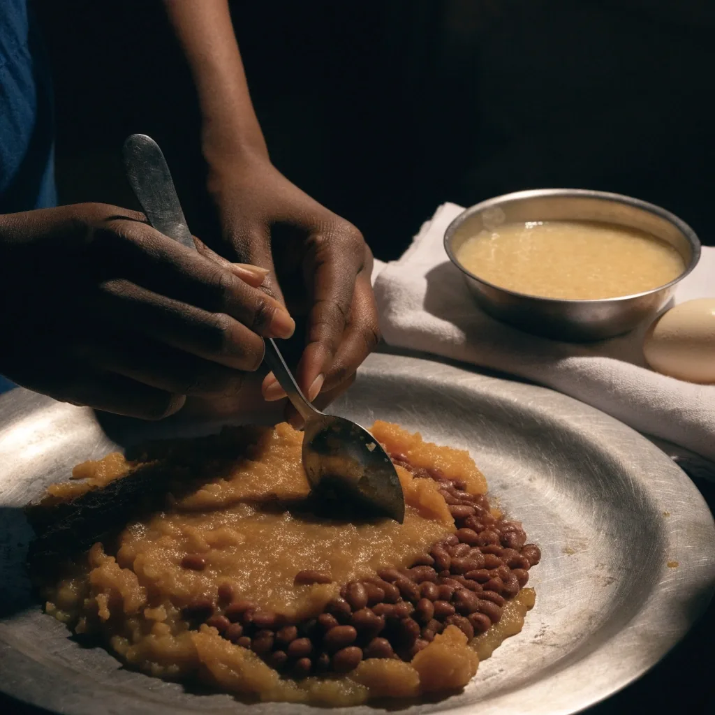 Hands mashing soft cooked vegetables and beans to a texture suitable for a young child