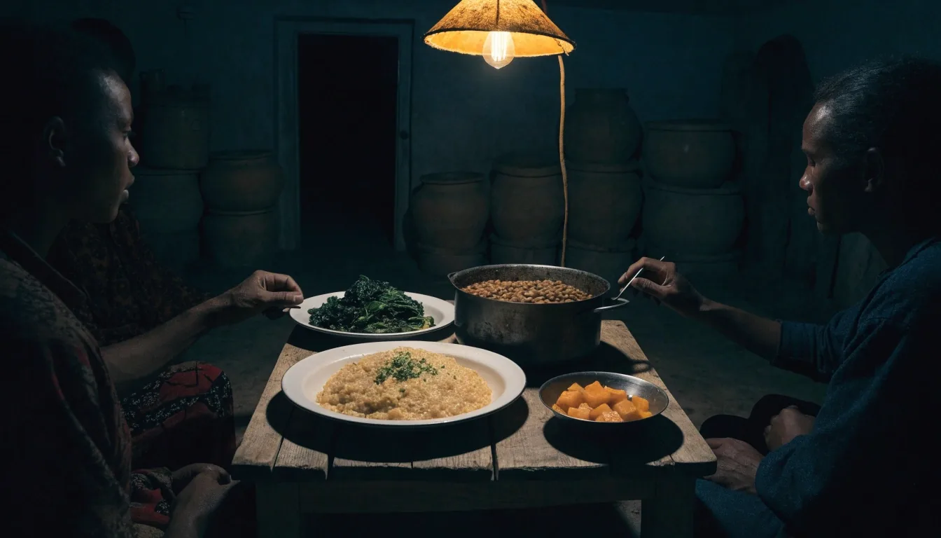 A shared night meal of porridge, beans and greens on a dark kitchen table