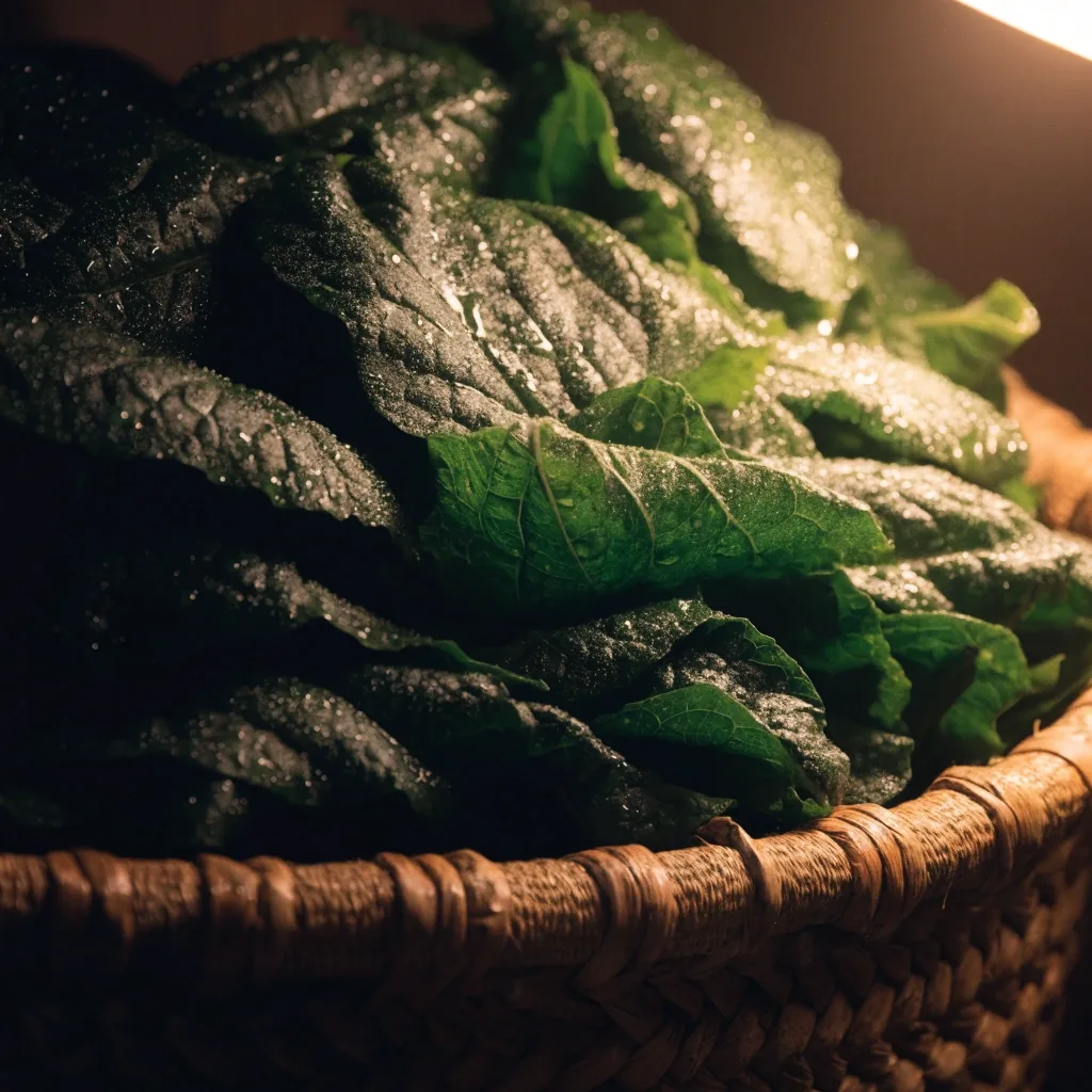 Fresh dark leafy greens piled on a basket edge