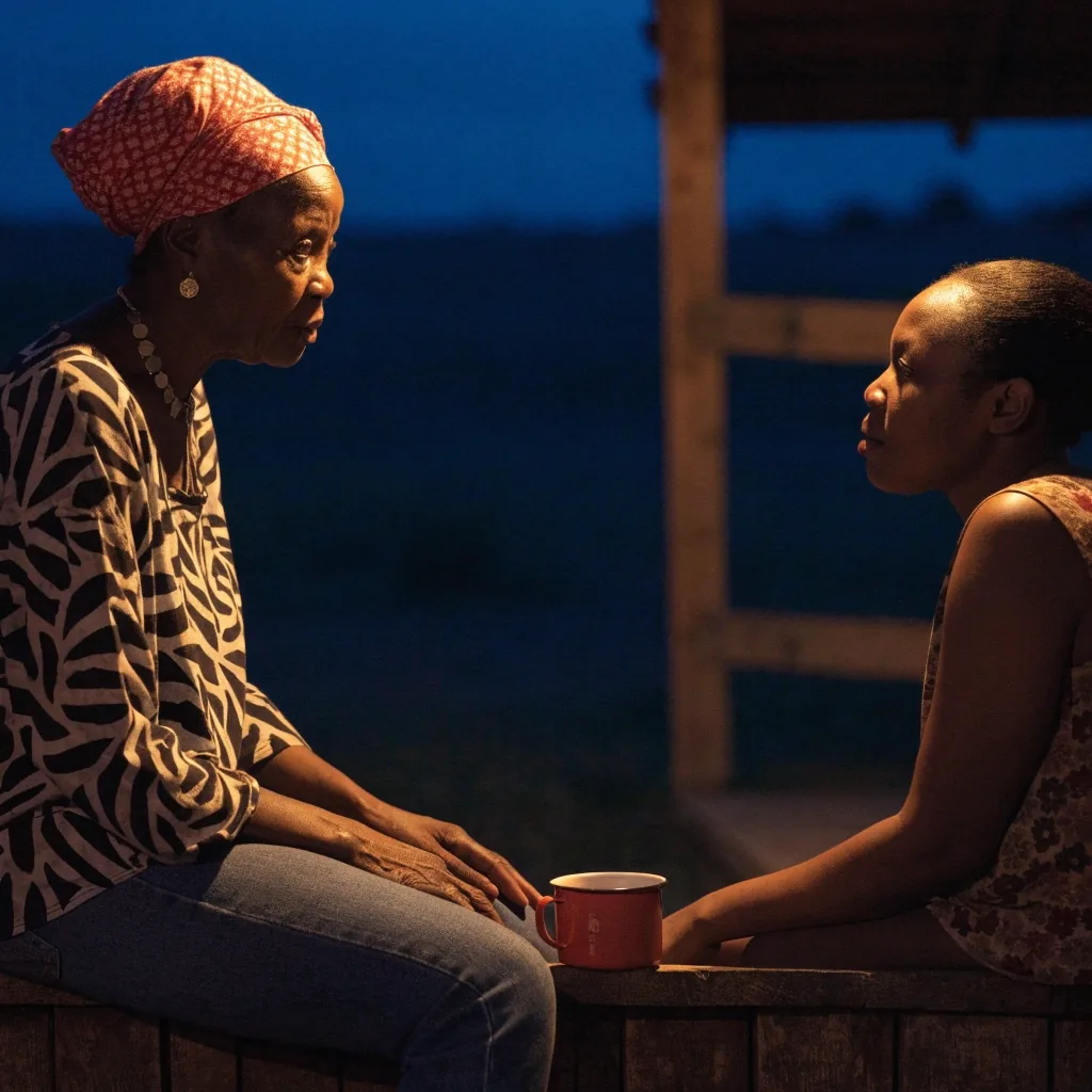 Two people walking and talking together on a street at dusk