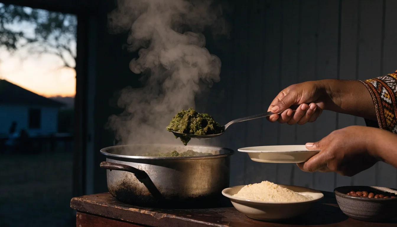 A dark kitchen table set for a shared evening meal of porridge, greens and beans
